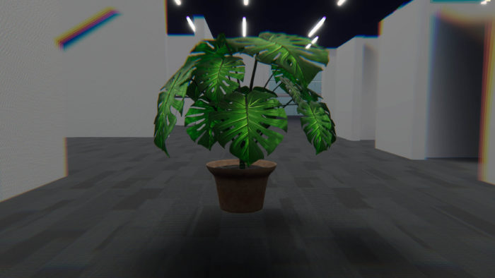 3D modeled potted monstera plant in digital gray environment.