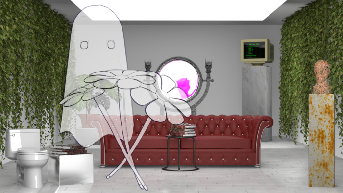 A 2D image of a black and white ghost holding a flower stands in front a toilet and a red leather sofa. A mirror reflects an image of a child in the middle of the room. Below the image is a caption explaining the context of the image.