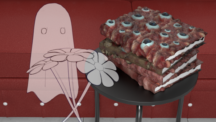 Drawing of a ghost and flowers, both pink. Small dark gray table with a book covered in eyeballs. Set against a brick red background.