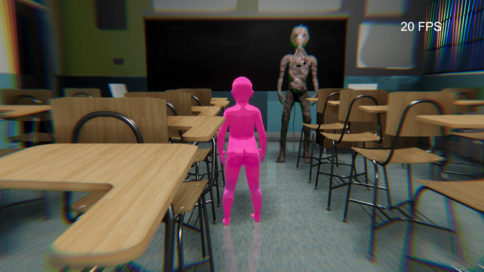 A 3D model of a pink child in a classroom setting with a mummified figure.