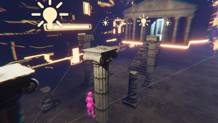 A 3D model of a pink child facing greek style columns and various digital ephemera.