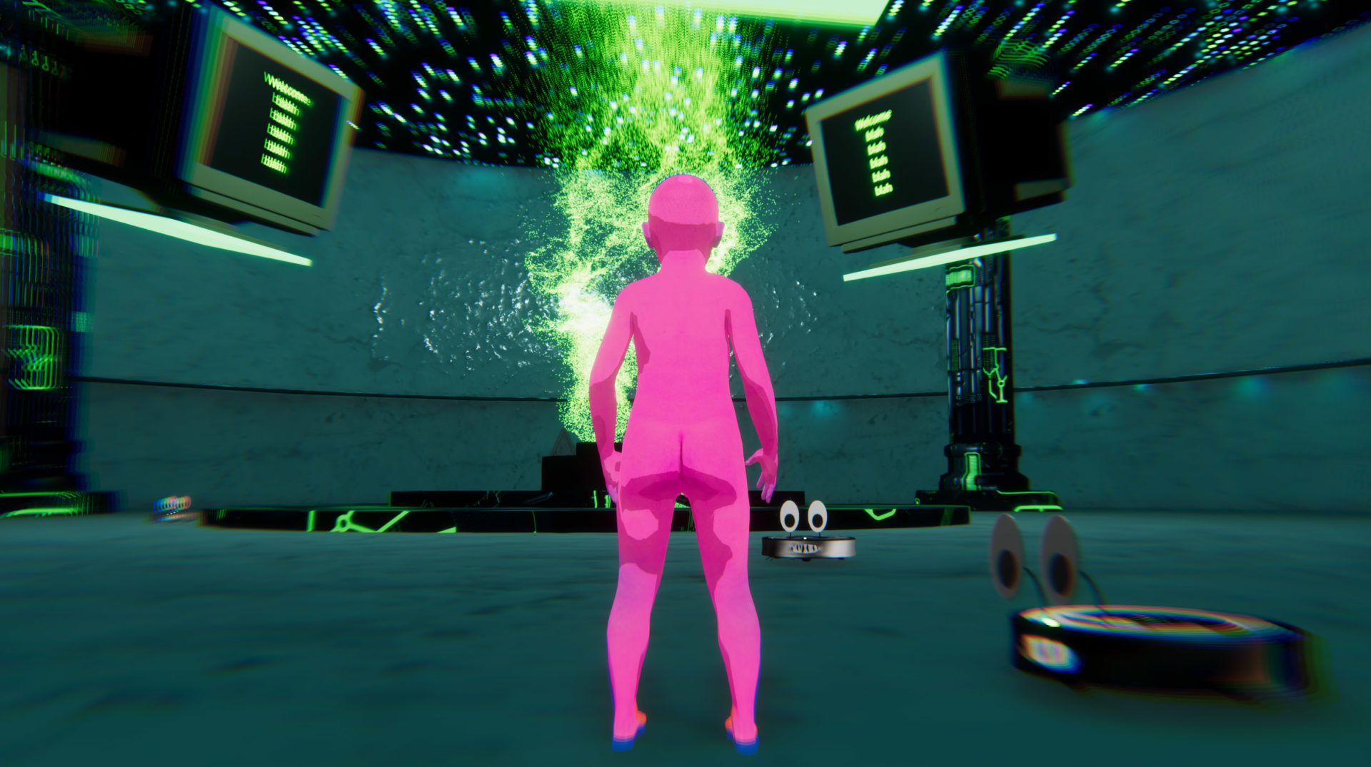 The nude, hot-pink, humanoid figure stands with its back to the frame in a teal room with an open, black ceiling filled with stars and neon green glitch marks. Two computer or TV monitors are in the frame with black screens and neon green words, which are hard to make out. Two small robot vacuums with eyes and mouths filled with teeth are placed on the ground.