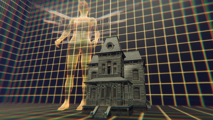 Digitally rendered environment of transparent golden figure next to a small gray house set against a grid background.