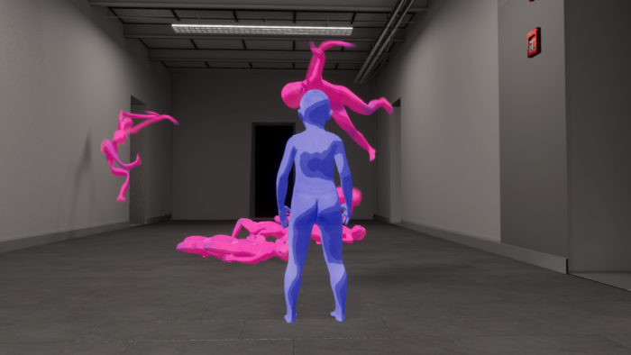 A 3D model of a purple child in a grey office space viewing pink 3D modeled mass of bodies.