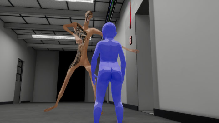 A 3D model of a purple child running away from the silhouette of a slender man standing in front of the elevator.