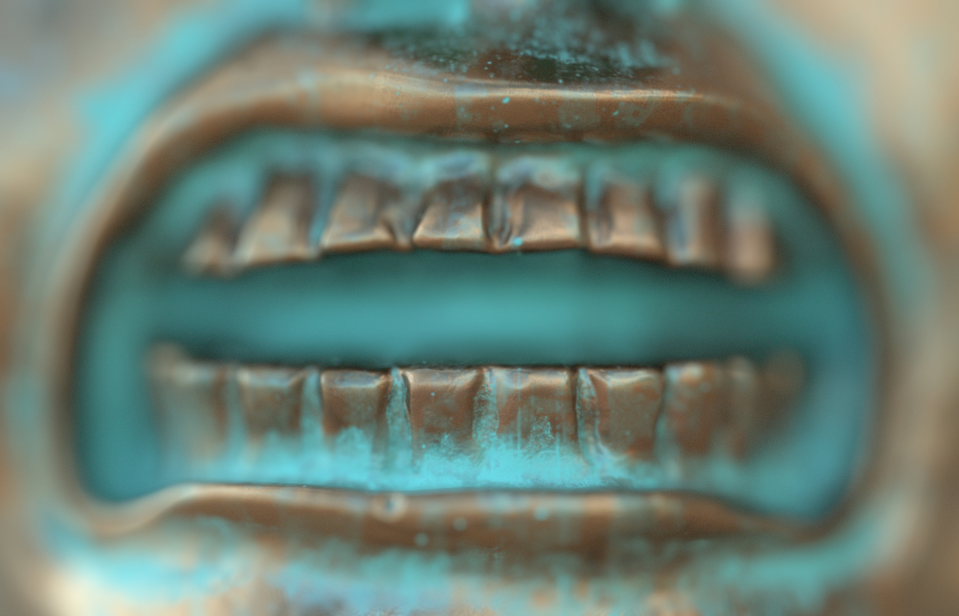 A close- up of a graphically rendered teeth protruding a bronze mouth.