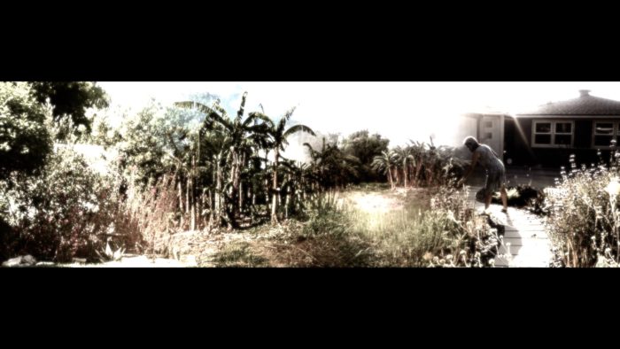 Panoramic photo of a sepia-toned garden. In the right corner a woman tends to plants with a one story home in the background.
