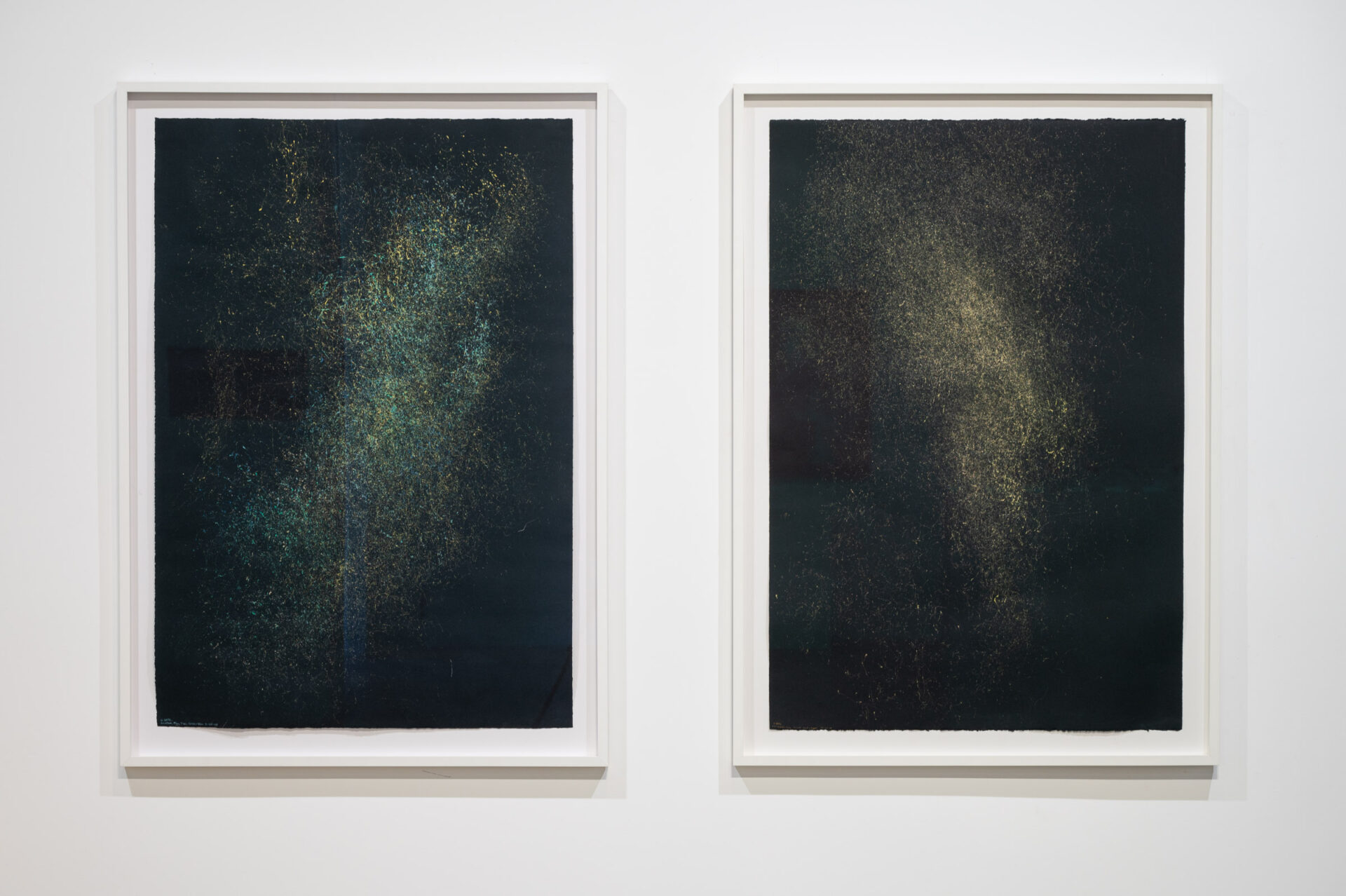 L: Virginia Katz, WIND, Off-Shore Flow, 10 Hours of Observation, Gold and Copper, 10/07/08, 2008. 
R: Virginia Katz, WIND, On-Shore Flow, 7 Hours of Observation, Green and Blue, 3/28/08, 2008. 
Installation view at Energy Fields: Vibrations of the Pacific, co-presented by Fulcrum Arts & Chapman University.
Photo by Christopher Wormald.
